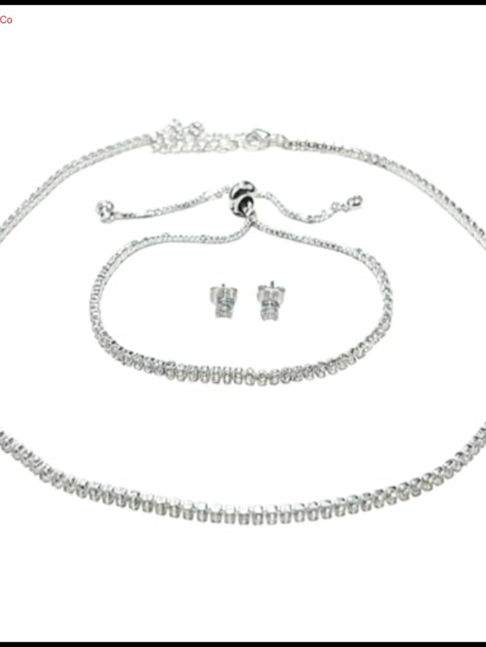 3Pc Tennis Jewelry Set CZ Adjustable Bracelet Necklace Stud Earrings